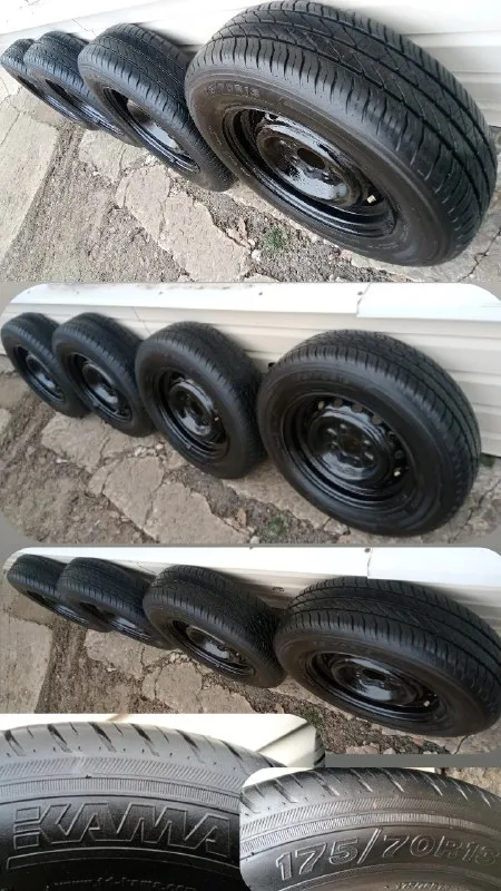 Продам колёса, 175/70 r13, в сборе, накаченые, резина лето в идеальном состоянии, без порезов, без шишек, все 4 колеса одинаковые, и диски штампы все 4 одинаковые, разболтовка 4.98 на любой ваз подойдут, цена за комплект 10,500 руб, торг, звоните по номеру телефона. +79595549696 📞 звоните: +7(959)5549696 - фотография - 2