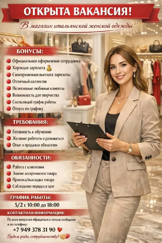 Открыта вакансия в магазин итальянской женской одежды бонусы: 🔴 официальное оформление сотрудника 🔴... - фотография