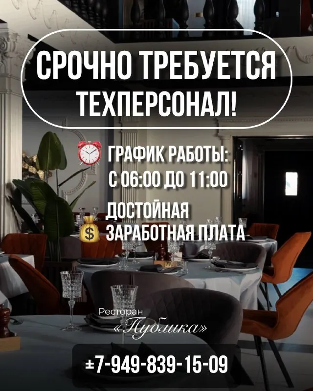 🚨 срочно требуется техперсонал! в ресторан «публика» требуется техперсонал 🕕 график работы: с 06:00... - фотография