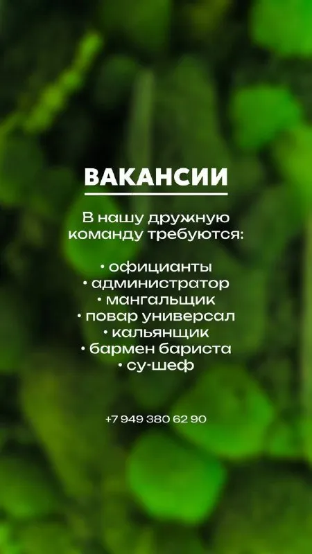 В команду гастробара требуются сотрудники: администратор бармен/бариста мангальщик повар универсал официанты кальянщик мы предлагаем стабильные условия работы, дружный коллектив и возможность профессионального роста. тел. :+79493806290 📍адрес: г. донецк, ул. будённовских партизан 7б 🔥 - фотография - 1