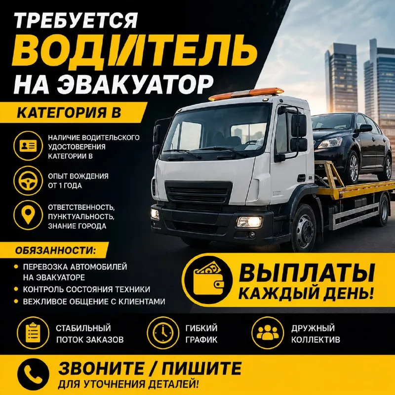 Требуется водитель на эвакуатор (категория b) донецк в стабильную компанию требуется водитель для работы на эвакуаторе. условия: • наличие водительского удостоверения категории b • опыт вождения • ответственность, аккуратность, пунктуальность • желательно знание города обязанности: • перевозка автомобилей на эвакуаторе • контроль состояния техники • вежливое общение с клиентами мы предлагаем: • ежедневные выплаты • стабильный поток заказов • гибкий график работы • дружный коллектив звоните +79493800924 - фотография - 1