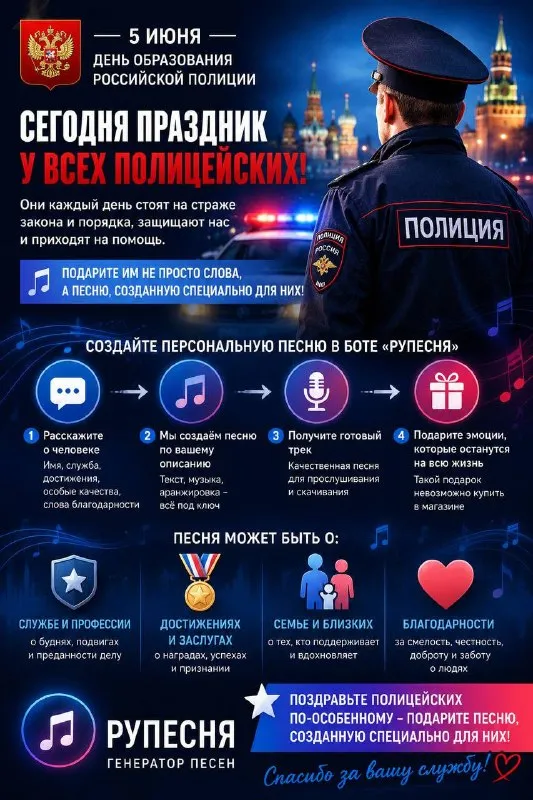 🚔 у каждого полицейского тысячи историй службы. но только одна может стать песней. 🎵 сегодня, в день образования российской полиции, у вас есть возможность сделать необычный и запоминающийся подарок. если среди ваших близких, друзей или знакомых есть сотрудники полиции — создайте для них персональную песню в боте 👉🏻 твоя песня 💙 расскажите в нескольких словах: • как зовут человека • где он служит • чем гордится • за что вы хотите его поблагодарить 🎶 а «твоя песня» превратит эти воспоминания, достижения и добрые слова в настоящую песню. такой подарок невозможно купить в магазине. он создаётся специально для конкретного человека и хранит его историю в музыке. 👮 для тех, кто охраняет порядок. 👮 для тех, кто приходит на помощь. 👮 для тех, кто выбрал непростую профессию служить людям. 🎉 поздравьте полицейских по-особенному — подарите песню, созданную специально для них. 🎵 твоя песня — когда благодарность звучит в музыке. - фотография - 1