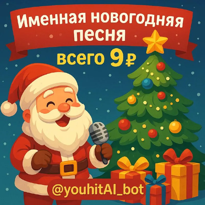 Создай новогоднюю именную песню в @youhitai_bot 🎶 имя — и через пару секунд готов подарок! ✨ 🔥 цена всего 9₽ за песню! 🎁 удиви ребёнка/любимого на новый год → @youhitai_bot - фотография - 1