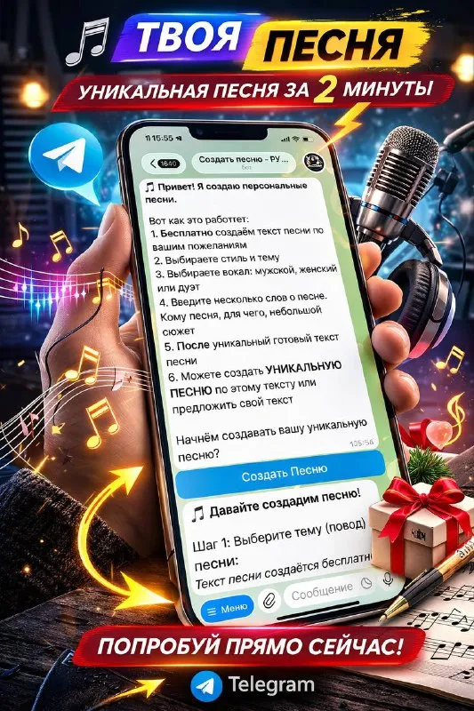 🎶 ты ещё не слышал песню… про себя? теперь это возможно. в telegram уже давно работает наш уникальный бот «твоя песня» 🤖 — он создаёт уникальные песни по вашему описанию всего за 2 минуты. а недавно мы стали первыми, кто запустил такого музыкального бота ещё и в мессенджере max — «рупесня» 🚀 ⸻ 🔥 как создаётся песня: 1️⃣ выбираете повод — поздравление, признание, шутка или любую историю 2️⃣ указываете стиль музыки 🔥 проверь — какую песню бот создаст именно про тебя. это занимает меньше времени, чем прочитать этот пост 😉 👇 запустить прямо сейчас: 👉 🎶 «твоя песня» (telegram) — @youhitai_bot 👉 🚀 «рупесня» (max) — https://max. ru/id931200922921_bot - фотография - 1